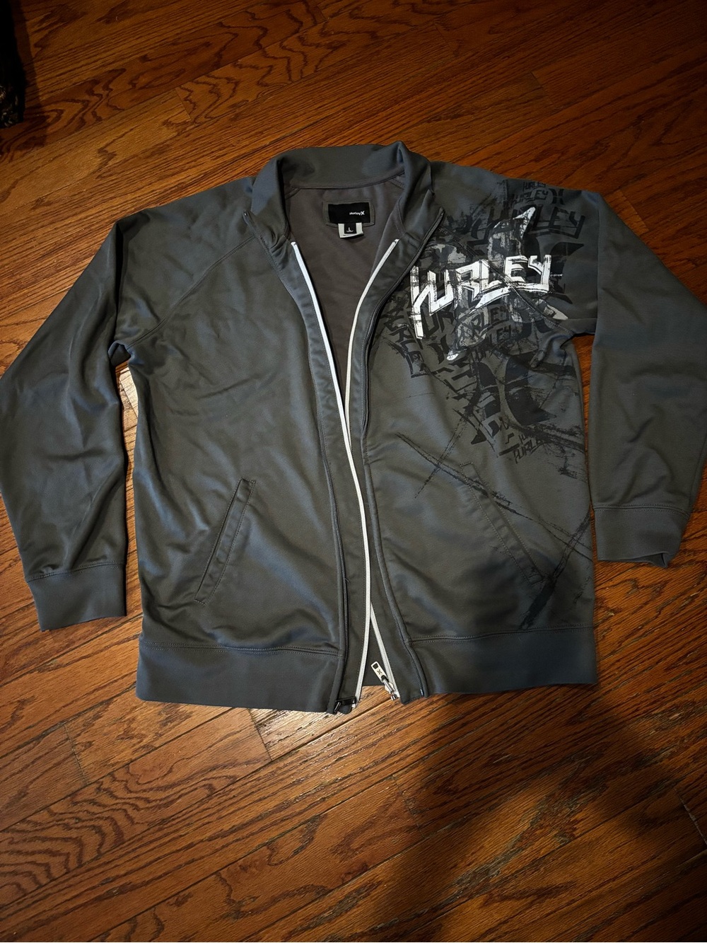 Hurley Men's Gray Graphic double Zip-Up Track Jacket size Large